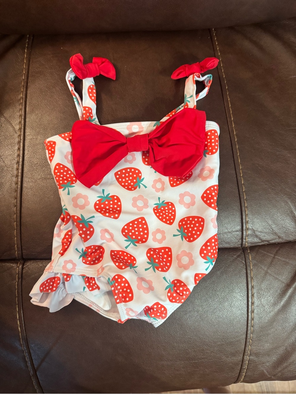 Girls Strawberry Print One-Piece Swimwear with Red Bow